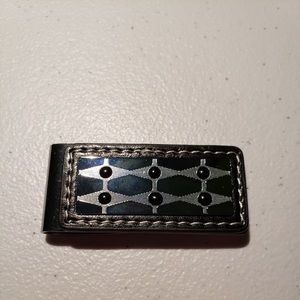 NIB Mens black enamel and black leather on silver tone money clip